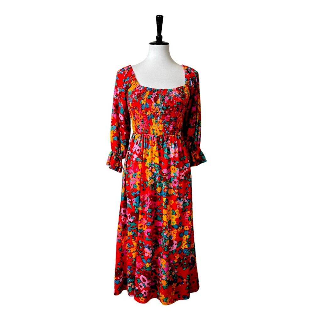 SugarLips Midi Dress Smocked Top Ruffle Sleeves Red Multi Women’s Size Small